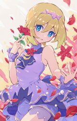  1girl blonde_hair blush breasts dress flower hair_between_eyes haru_(haruxxe) headband highres holding holding_flower irida_(anniversary_2025)_(pokemon) irida_(pokemon) looking_at_viewer neckerchief official_alternate_costume open_mouth parted_lips petals pokemon pokemon_masters_ex purple_dress purple_headband purple_neckerchief purple_shorts purple_wrist_cuffs short_hair shorts shorts_under_dress sleeveless sleeveless_dress wrist_cuffs 
