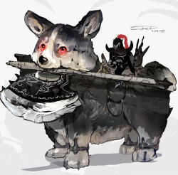  1other absurdres ambiguous_gender animal_focus anklet armor artist_name axe black_armor collar commentary_request dated dog full_armor full_body glowing glowing_eyes grey_background highres holding holding_axe holding_weapon jewelry knight looking_afar mini_person mouth_hold original plume red_eyes riding saddle signature standing sukepmonster weapon weapon_in_mouth welsh_corgi 