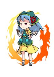  1girl apron aqua_apron arm_ribbon between_fingers blue_hair blue_ribbon chibi chibi_only chisel commentary_request dairi dress fire full_body green_headscarf haniyasushin_keiki headscarf holding jewelry large_variant_set long_hair magatama magatama_necklace necklace puffy_short_sleeves puffy_sleeves ribbon sandals short_sleeves solo tachi-e touhou transparent_background variant_set 