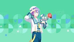  1boy :o alternate_costume aqua_sailor_collar belt blue_hair blue_pants colorful_palette food game_cg green_background hangyodon hat highres holding holding_telescope kamaboko kamishiro_rui looking_afar male_focus multicolored_hair narutomaki neckerchief octopus official_art pants project_sekai purple_hair sailor_collar sanrio shirt streaked_hair telescope third-party_source tongue triangle two-tone_hair white_hat white_shirt yellow_belt yellow_eyes yellow_neckerchief 