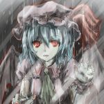  1girl ascot bat_wings benisan blouse blue_hair expressionless fangs fingernails grey_background hands_up hat hat_ribbon light_trail lips looking_at_viewer mob_cap pale_skin rain red_eyes remilia_scarlet ribbon sharp_fingernails short_hair short_sleeves solo touhou wings wrist_cuffs 