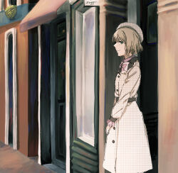  1girl belt beret black_belt blonde_hair blue_eyes blunt_bangs bow bowtie buttons closed_mouth coat collared_coat collared_shirt commentary_request day door eyelashes feet_out_of_frame frilled_sleeves frills hand_on_lap happy hat highres krmtknkoo1582 lapels long_sleeves looking_at_viewer nasu_rei notched_lapels outdoors pink_bow pink_bowtie pink_shirt plaid_clothes plaid_coat plaid_hat pointy_nose puffy_long_sleeves puffy_sleeves shirt shop short_hair signature smile solo standing two-tone_bow two-tone_bowtie unmoving_pattern white_bow white_bowtie white_coat white_hat window world_trigger 