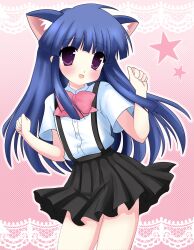  1girl 2000s_(style) absurdres animal_ears black_skirt blue_hair blunt_bangs blush bow cat_ears cat_girl furude_rika highres higurashi_no_naku_koro_ni kemonomimi_mode lace long_hair looking_at_viewer open_mouth pink_background pink_bow pleated_skirt polka_dot polka_dot_background satokocel shirt short_sleeves skirt smile solo star_(symbol) suspenders violet_eyes w_arms white_shirt 