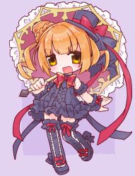  1girl armband black_armband black_boots black_dress black_hat black_wrist_cuffs boots chibi dress drill_hair emil_chronicle_online footwear_ribbon frilled_armband frilled_boots frilled_dress frilled_umbrella frilled_wrist_cuffs frills hair_bun hat hat_ribbon highres holding holding_umbrella open_mouth orange_hair purple_background red_ribbon red_umbrella ribbon sleeveless sleeveless_dress solo standing standing_on_one_leg thigh_boots twin_drills umbrella umbrella_alma wrist_cuffs yellow_eyes yusa_yuyu 