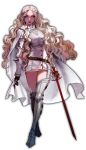  armor armored_dress belt blonde_hair blue_eyes braid breastplate cape curly_hair fantasy full_body garaktob gauntlets greaves high_collar highres long_hair looking_at_viewer original spaulders sword transparent_background vambraces very_long_hair weapon 