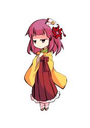  1girl chibi chibi_only commentary_request dairi flower full_body hair_flower hair_ornament hakama hand_up hieda_no_akyuu japanese_clothes kimono large_variant_set medium_hair meiji_schoolgirl_uniform pink_hair red_hakama sandals socks solo tachi-e touhou transparent_background variant_set white_flower white_socks wide_sleeves 