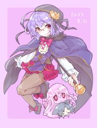  2girls black_boots black_cloak black_hat black_ribbon blue_cloak blue_jacket boots brown_pantyhose cloak dated emil_chronicle_online glasses hair_ribbon hat highres holding holding_stick jacket monster_girl multiple_girls neck_ribbon pantyhose paracelsus_lore pink_background purple_hair red_eyes red_ribbon red_skirt ribbon shirt skirt slime_girl stick white_shirt yusa_yuyu 