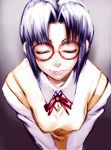  1girl blue_hair breasts ciel closed_eyes glasses lips nose red-framed_glasses ribbon round_glasses sawao school_uniform short_hair solo sweater_vest tsukihime v_arms 