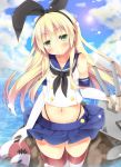  &gt;_&lt; 1girl absurdres blonde_hair blush breasts elbow_gloves gloves green_eyes hair_ribbon highres kantai_collection long_hair looking_at_viewer microskirt midriff navel panties personification rensouhou-chan ribbon shimakaze_(kantai_collection) skirt solo striped striped_legwear thighhighs underwear 