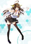  1girl :d ahoge blush boots brown_eyes brown_hair detached_sleeves fang hairband headgear japanese_clothes kantai_collection kongou_(kantai_collection) long_hair looking_at_viewer open_mouth personification pointing pointing_at_viewer skirt smile solo thigh_boots thighhighs utsurogi_angu wide_sleeves 