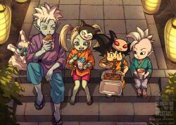  2boys 2girls aqua_skin bag black_eyes black_hair blonde_hair blue_sandals blue_skin bottle character_mask child closed_eyes closed_mouth colored_skin commentary_request cup disposable_spoon dragon_ball dragon_ball_daima earrings food food_request glorio_(dragon_ball) gomah_(dragon_ball) happy holding holding_cup holding_food holding_spoon ice_cream ice_cream_cup ice_cream_spoon japanese_clothes jewelry jinbei_(clothes) juice kisakitouge_mari lantern long_sleeves looking_at_another mask mask_on_head mohawk multiple_boys multiple_girls noodles on_stairs open_mouth orange_juice outdoors pansy_(dragon_ball_daima) paper_lantern pink_skin plant plastic_spoon pointy_ears potara_earrings sandals shin_(dragon_ball) short_hair sitting sitting_on_stairs sleeves_rolled_up smile son_goku spiky_hair spoon stairs stone_stairs tamagami_number_1 teeth tile_floor tiles twintails twitter_username upper_teeth_only violet_eyes watermark web_address white_hair yellow_eyes yellow_sandals 