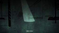  building cable commentary_request dark highres japanese_text joyfull_(terrace) light monochrome muisiki_rekuiemu night no_humans outdoors power_lines road scenery shadow sign street touhou utility_pole 