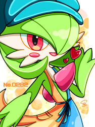  1girl artist_name bare_shoulders blue_dress blue_hat blush blush_stickers bob_cut border clothed_pokemon colored_skin commentary dress eji_(eji07447362) flat_chest gardevoir gardevoir_(cafe) green_hair green_skin hair_over_one_eye hand_up happy hat heart highres looking_at_viewer multicolored_skin newsboy_cap one_eye_covered open_mouth orange_background orange_dress outside_border pokedex_number pokemon pokemon_(creature) pokemon_unite red_eyes short_hair signature sleeveless sleeveless_dress smile solo standing two-tone_dress two-tone_skin upper_body white_border white_skin 