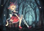  1girl blonde_hair blue_eyes bow closed_eyes fairy_wings flower forest glowing hair_bow hair_ribbon highres lily_of_the_valley looking_at_viewer medicine_melancholy nature orita_enpitsu puffy_sleeves red_string ribbon sash shirt short_sleeves shushing sitting skirt smile solo string su-san touhou tree_stump turning water waves wings 