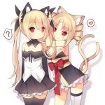  2girls ? animal_ears bare_shoulders black_legwear blonde_hair breasts cat_ears cat_tail cleavage detached_sleeves drill_hair fake_animal_ears fang hair_ribbon heart large_breasts long_hair multiple_girls multiple_tails original red_eyes ribbon saru single_thighhigh smile spoken_heart tail thighhighs twin_drills twintails white_legwear 