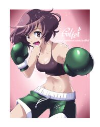 1girl akiyama_yukari arm_up bare_arms black_sports_bra border boxing boxing_gloves boxing_shorts breasts brown_eyes brown_hair collarbone deviantart_username fighting_stance girls_und_panzer gloves gradient_background green_gloves green_shorts messy_hair midair navel open_mouth patreon_username pink_background punching radial_gradient_background shorts small_breasts smile sparkle sparkle_background sparkling_aura sports_bra teeth toned toned_female underwear upper_body white_border
artist:solfei 