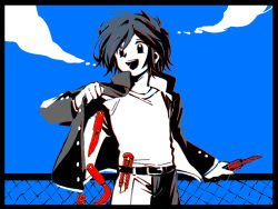  1boy black_eyes black_hair black_jacket blue_sky boxcutter commentary_request cowboy_shot gakuran holding holding_boxcutter jacket male_focus on_rooftop open_clothes open_jacket open_mouth orochi_moko outdoors randal&#039;s_friends school_uniform sky solo standing tsukada_satoru 