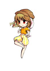  1girl animal_ears barefoot blonde_hair chibi chibi_only commentary_request dairi dango flat_cap floppy_ears food full_body hat holding large_variant_set midriff navel orange_shirt pants parody rabbit_ears ringo_(touhou) shirt skewer solo style_parody tachi-e touhou transparent_background variant_set wagashi 