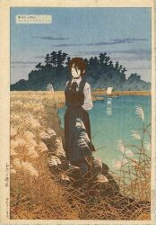  1girl artist_name black_choker black_dress black_hair black_ribbon boat border cattail chainsaw_man choker closed_mouth collared_shirt dress enzo_japhet forest full_body green_eyes hashtag-only_commentary highres hill lake long_sleeves looking_at_viewer nature neck_ribbon outdoors plant reze_(chainsaw_man) ribbon shirt shirt_under_dress sky sleeveless sleeveless_dress solo standing twitter_username water watercraft white_shirt 