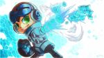  1boy beck_(mighty_no._9) clenched_hand digital_dissolve goggles goggles_on_head green_eyes grin heilos helmet mighty_no._9 robot smile solo 
