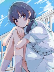  1girl blue_hair blue_ribbon blush breast_pocket closed_mouth commentary dress hair_ribbon hasu_no_sora_school_uniform link!_like!_love_live! looking_at_viewer love_live! low_twintails murano_sayaka outdoors pleated_dress pocket ribbon sailor_collar sailor_dress school_uniform short_dress short_sleeves sitting skt_(ryxxxxx) socks solo summer_uniform twintails virtual_youtuber white_dress white_sailor_collar white_socks 