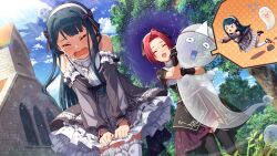  &gt;_&lt; 2girls ahoge black_dress black_thighhighs blue_hair closed_eyes commentary_request day detached_sleeves dress dutch_angle flying_sweatdrops frilled_dress frills game_cg garter_straps ghost hairband idolmaster idolmaster_million_live! idolmaster_million_live!_theater_days lens_flare light_particles long_hair miura_azusa multiple_girls official_alternate_costume official_alternate_hair_color official_art open_mouth outdoors pink_hair scared short_hair standing sunlight tanaka_kotoha tears thigh-highs third-party_source white_thighhighs 