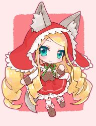  1girl animal_ears basket blonde_hair boots brown_boots brown_corset capelet chibi corset drill_hair drill_sidelocks emil_chronicle_online frilled_skirt frills green_eyes green_ribbon highres holding holding_basket long_hair long_sidelocks neck_ribbon red_background red_capelet red_hood red_skirt ribbon shirt shugoma_shimotsuki sidelocks skirt socks solo standing standing_on_one_leg twin_drills very_long_hair white_shirt white_socks wolf_ears yusa_yuyu 