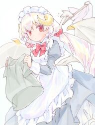  1girl alternate_costume apron black_dress bow demon_horns demon_wings dress drill_hair duster emil_chronicle_online hair_bow highres holding holding_shirt holding_unworn_clothes horns long_hair low_twintails lucifero_lore maid maid_apron maid_headdress neck_ribbon red_eyes red_ribbon ribbon shirt twin_drills twintails unworn_shirt white_apron white_background white_hair white_wings wings yusa_yuyu 