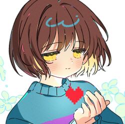  1other blue_sweater blush brown_hair closed_mouth commentary frisk_(undertale) grey_outline hand_up heart highres long_sleeves other_focus outline portrait short_hair simple_background solo sweater symbol-only_commentary undertale utdr_(toby_fox) white_background yalmyu yellow_eyes 
