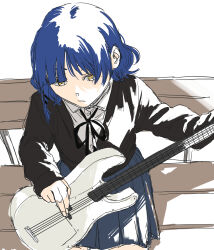  1girl absurdres bass_guitar black_jacket black_ribbon blazer blue_hair blue_skirt blunt_bangs bocchi_the_rock! buttons closed_mouth collared_jacket collared_shirt commentary_request cowboy_shot dress_shirt expressionless fender_precision_bass fingernails hair_ornament hairclip high-waist_skirt highres instrument jacket krmtknkoo1582 light_frown long_sleeves looking_ahead miniskirt mole mole_under_eye music neck_ribbon on_bench playing_bass_guitar playing_instrument pleated_skirt ribbon school_uniform shadow shimokitazawa_high_school_uniform shirt short_hair short_hair_with_long_locks single_sidelock sitting skirt sleeves_past_wrists solo v-neck white_background white_shirt yamada_ryo yellow_eyes 