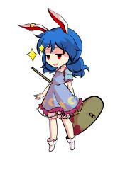  1girl animal_ears bloomers blue_dress blue_hair chibi chibi_only commentary_request dairi dress full_body kine large_variant_set mallet puffy_short_sleeves puffy_sleeves rabbit_ears seiran_(touhou) short_dress short_sleeves socks solo tachi-e touhou transparent_background variant_set white_bloomers white_socks 