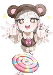  1girl 1other absurdres animal_ears animal_hat bear_ears bear_hat blush bow bowtie brown_eyes brown_hat brown_sweater_vest candy collared_shirt commentary commission cross-shaped_pupils fake_animal_ears food grey_hair grey_shirt hair_ribbon hanakonenne hat highres holding holding_candy holding_food holding_lollipop layered_sleeves lollipop long_sleeves looking_at_viewer medium_hair no_pants open_mouth original outstretched_arms pink_bow pink_bowtie pink_ribbon pov pov_hands reaching reaching_towards_viewer ribbon shirt short_over_long_sleeves short_sleeves simple_background smile sparkle sweater_vest symbol-shaped_pupils teeth thigh_bow thigh_strap twintails white_background 