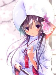  1girl alternate_costume brown_eyes brown_hair folded_fan folding_fan hand_fan hashtag-only_commentary highres japanese_clothes kamiya_yuuji kantai_collection kimono kisaragi_(kancolle) petals shiromuku smile solo uchikake upper_body wataboushi watermark white_kimono 
