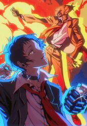  2boys adachi_tooru arm_at_side backlighting belt black_hair bomb_devil_(chainsaw_man) bomb_devil_(chainsaw_man)_(cosplay) chainsaw_man choker chromatic_aberration commentary_request cosplay drop_shadow dual_persona explosion explosion_background explosive foot_out_of_frame glint grenade grenade_pin grey_jacket hand_up head_tilt highres jacket looking_back male_focus multiple_boys necktie open_clothes open_jacket open_mouth outstretched_arm pants persona persona_4 pottaikon red_necktie reze_(chainsaw_man) reze_(chainsaw_man)_(cosplay) shirt shoes short_hair snapping_fingers teeth upper_body upper_teeth_only white_shirt yellow_eyes 