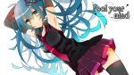  1girl aqua_hair armpits arms_up copyright_name detached_sleeves green_eyes hatsune_miku long_hair necktie skirt solo thighhighs very_long_hair vocaloid white_background yutsuchi 