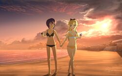  2girls :d absurdres barefoot beach bikini black_hair blonde_hair blue_eyes bow breasts brown_eyes clouds collarbone food footprints funami_yui hair_bow highres holding_hands ice_cream ice_cream_cone mound_of_venus multiple_girls navel open_mouth sand shane_owen sky smile stairs sun swimsuit toes toshinou_kyouko water yuru_yuri 