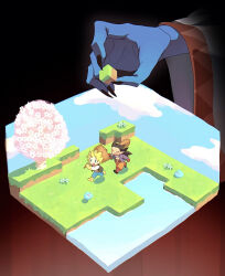  3boys :d aqua_eyes black_nails black_vest blonde_hair blue_pants blue_skin bobpict boots brown_hair cherry_blossoms chibi club_(weapon) colored_skin commentary_request dragon_quest dragon_quest_builders_2 fingernails flower gloves gradient_background grass hair_horns hammer hargon highres holding holding_club holding_cube holding_hammer holding_weapon jewelry low_ponytail male_builder_(dqb2) male_focus multiple_boys necklace open_clothes open_mouth open_shirt orange_pants pants pointy_ears ponytail purple_shirt red_boots red_gloves robe sharp_fingernails shirt short_hair sidoh_(dqb2) slime_(dragon_quest) smile spiked_club spiky_hair tooth_necklace vest water weapon white_hair white_robe yellow_boots yellow_gloves 