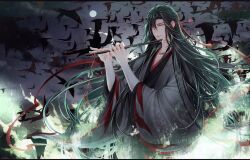  1boy aura bird bishounen black_bird black_hair black_hanfu chenqing_flute chinese_clothes clouds coat colored_smoke crow dizi fighting_stance floating_hair flute flute_tassel full_moon glowing glowing_eyes green_light grey_coat hair_down hair_ribbon half_updo hanfu hasuyuki115 holding holding_flute holding_instrument instrument letter long_hair long_sleeves male_focus modao_zushi moon music night night_sky official_alternate_costume official_alternate_hairstyle parted_lips playing_flute playing_instrument red_eyes red_ribbon ribbon robe sidelocks sky smile smoke solo tassel transverse_flute very_long_hair wei_wuxian wei_wuxian_(yiling_laozu) wide_sleeves 
