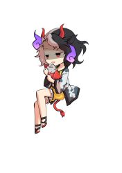  1girl animal_ears animal_print black_hair chibi chibi_only commentary_request cow_ears cow_girl cow_horns cow_print cow_tail dairi frilled_shorts frills full_body haori horns japanese_clothes large_variant_set multicolored_hair red_horns red_sandals red_tail sandals short_hair shorts solo split-color_hair tachi-e tail touhou transparent_background two-tone_hair ushizaki_urumi variant_set yellow_shorts 