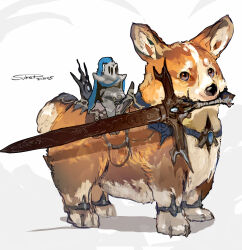  1other absurdres ambiguous_gender animal_focus anklet armor artist_name blue_gemstone brooch brown_eyes collar commentary_request dated dog full_armor full_body gem grey_armor highres holding holding_sword holding_weapon jewelry knight looking_afar mini_person mouth_hold original plume riding saddle signature standing sukepmonster sword weapon weapon_in_mouth welsh_corgi white_background 