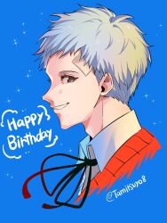  1boy bandaid bandaid_on_face bandaid_on_forehead birthday black_ribbon blue_background collared_shirt commentary_request cropped_torso from_side gekkoukan_high_school_uniform grey_hair happy_birthday highres looking_at_viewer male_focus neck_ribbon parted_lips persona persona_3 portrait profile red_sweater_vest ribbon sanada_akihiko school_uniform shirt short_hair simple_background smile solo sparkle sweater_vest tamitsuyo8 twitter_username upper_body white_shirt 
