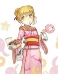  1girl bat_print blonde_hair blush_stickers doughnut food japanese_clothes kimono looking_at_viewer monogatari_(series) oshino_shinobu pointy_ears solo walzrj yukata 
