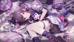  1girl black_boots black_bow black_dress book boots bow braid brown_hair cherry_print closed_mouth colorful_palette cosmetics dress food_print frilled_pillow frills fruit_print game_cg grey_theme hair_ornament heart heart-shaped_pillow highres holding holding_heart jewelry kuromi lying nail_polish_bottle necklace official_alternate_costume official_art on_side onegai_my_melody pearl_necklace pen pillow pink_eyes project_sekai puffy_short_sleeves puffy_sleeves purple_socks sanrio shinonome_ena short_sleeves smile socks sparkle thigh_strap third-party_source 