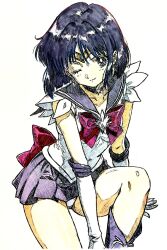  1girl absurdres bishoujo_senshi_sailor_moon black_hair boots bow bowtie brooch choker crystal_earrings earrings elbow_gloves gloves graphite_(medium) highres i4teruz jewelry knee_boots medium_hair one_eye_closed panties panty_peek pleated_skirt purple_boots purple_choker purple_sailor_collar purple_skirt red_bow red_bowtie sailor_collar sailor_saturn sailor_senshi_uniform skirt smile solo star_brooch tomoe_hotaru traditional_media underwear violet_eyes 