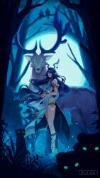  1girl absurdres animal antler_ornament antlers armlet artist_name bare_shoulders bird blue_dress blue_eyes breasts deer dress floating_hair full_body genshin_impact grass green_eyes hair_intakes hair_over_one_eye highres horns hui-an jewelry lauma_(genshin_impact) long_hair looking_at_viewer moon night own_hands_together pointy_ears purple_hair silhouette tree vision_(genshin_impact) 