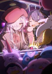  absurdres angry_adelie_(blue_archive) aris_(blue_archive) aris_(winter)_(blue_archive) beret big_brother_(blue_archive) blue_archive blue_hair blue_halo bow bowtie brown_jacket brown_sweater checkered_clothes checkered_scarf collared_shirt commentary_request crane_game crying dark_background doll drooling grey_scarf hair_ornament hair_over_one_eye halo hat highres holding holding_doll jacket kei_(robot)_(blue_archive) konattang malkuth_(blue_archive) open_mouth parted_bangs peroro_(blue_archive) rectangular_halo red_bow red_bowtie red_hat saikyo_ikkaku_raion_(blue_archive) scarf shirt sparkle stuffed_animal stuffed_chicken stuffed_penguin stuffed_toy stuffed_unicorn stuffed_whale sweat sweater symbol-shaped_pupils tearing_up white_hair x-shaped_pupils yellow_halo 