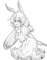 1girl :d ahoge animal_ears arms_behind_back ass commentary crescent crescent_pin earclip greyscale heart highres kine leaning_forward long_hair looking_at_viewer low_twintails mallet monochrome open_mouth oshiaki rabbit_ears rabbit_girl seiran_(touhou) shirt short_sleeves skirt smile solo star_(symbol) star_print touhou twintails 