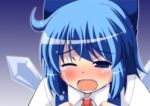  1girl ahoge angry blue_eyes blue_hair blush bow bust cirno crying face fang gradient gradient_background hair_bow masiromu open_mouth ribbon short_hair solo streaming_tears teardrop tears touhou wings 