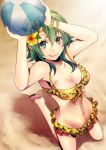  1girl arms_up ball bikini bracelet breasts cleavage collarbone flower frilled_bikini frills from_above green_eyes green_hair gumi hair_flower hair_ornament jewelry licking_lips looking_at_viewer navel shiomizu_(swat) smile solo swimsuit vocaloid yellow_bikini 