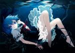  1girl barefoot blue_eyes blue_hair bow cirno dress frills ice ice_wings looking_at_viewer puffy_sleeves ribbon short_sleeves solo suzki00 touhou underwater wings 
